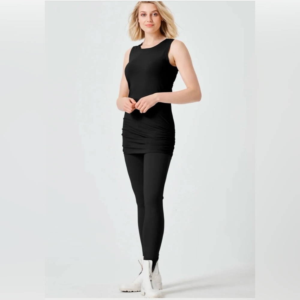 Planet By Lauren G Ruche Tank Top Cotton Long XS-S-M Long blackCrew Neck $149 OS
